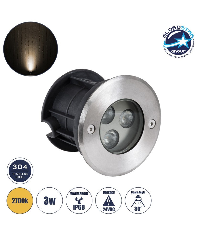 GLOBOSTAR® UNDERWATERHUNI 90414 Υποβρύχιο Χωνευτό Σποτ για Σιντριβάνια-Πισίνες LED 3W 270lm 30° DC 24V Αδιάβροχο IP68 Θερμό Λευκό 2700K Dimmable - Bridgelux SMD Chip - Ανοξείδωτο Ατσάλι 304 - Μ10 x Π10 x Υ7.5cm - Q9.5cm - 3 Χρόνια Εγγύηση